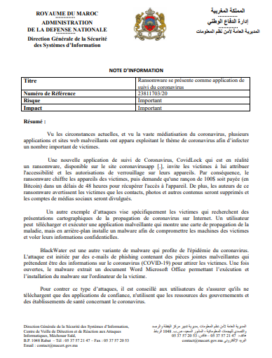 HichamMood's tweet photo. #Coronavirusmaroc  Attention, un Ransomware se présente comme application de suivi du l'épidemie. https://t.co/mvvsCaOIZh