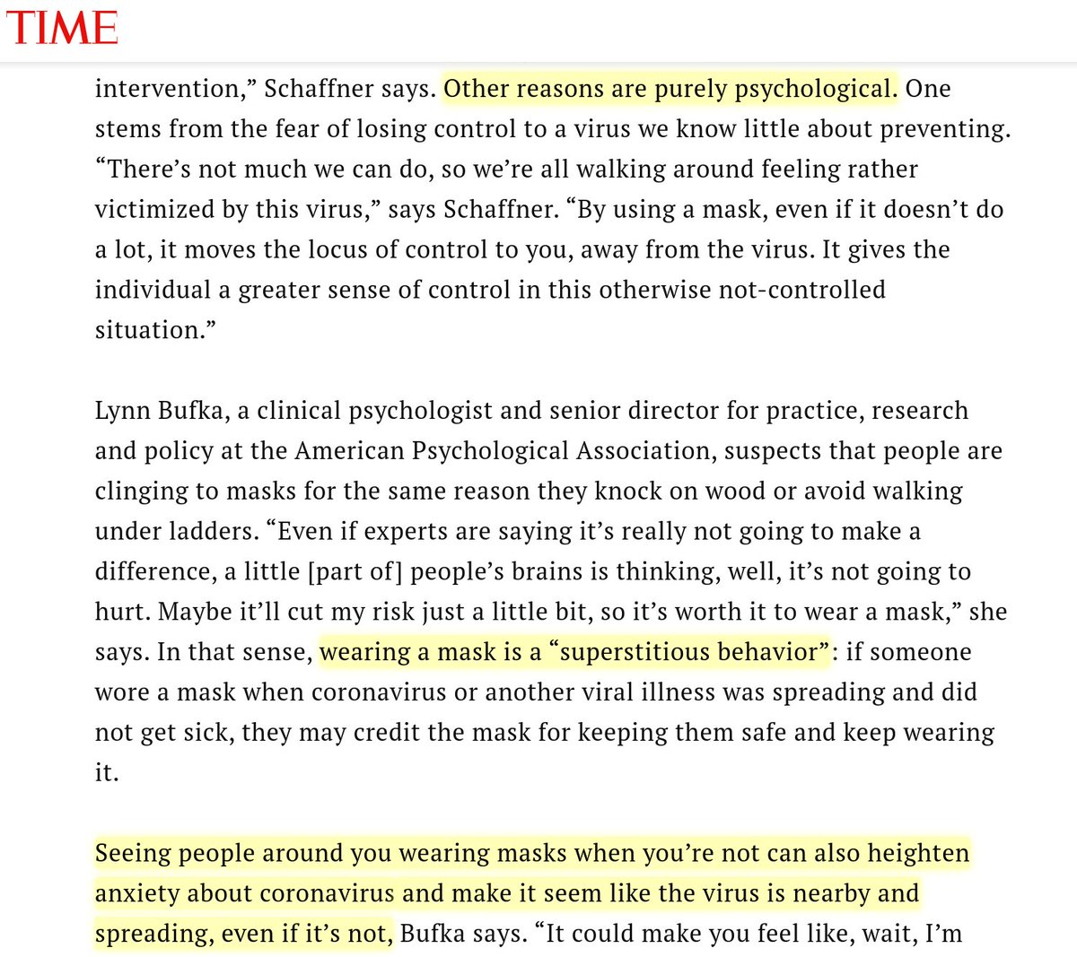 Also, everyone who wrote such articles, please rethink the harm of this message. The weird claim that people in Asian countries (where this pandemic is much more under control) with the deep experience of SARS wore masks out of superstition is part of the reason we are here.