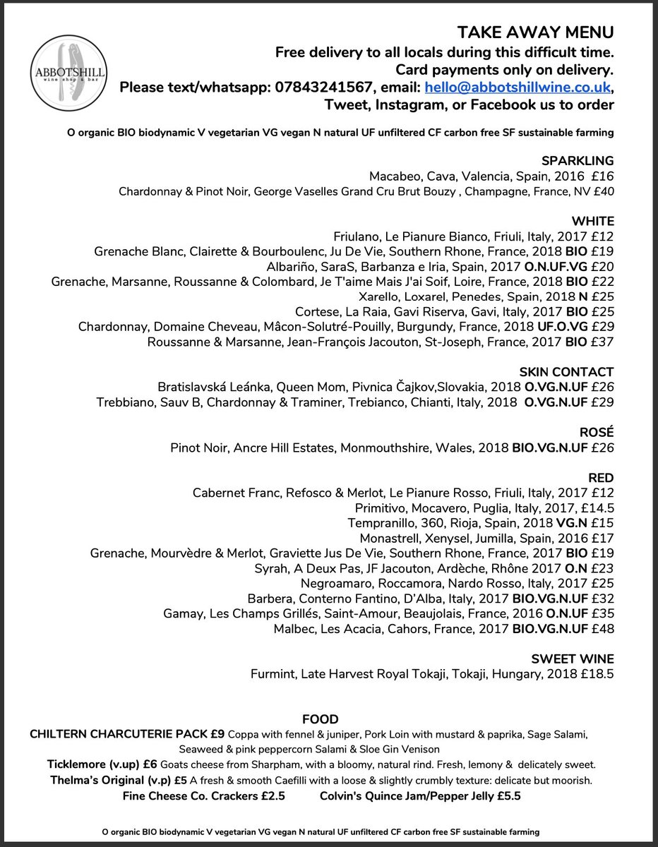 Hello all. We hope you're all safe, sane & sanitised. We're reducing our opening days this week: closed today & tomorrow, with ideas of opening on Thursday. We will be delivering locally though. See the attached menu with order details & we'll bring you wine... S x