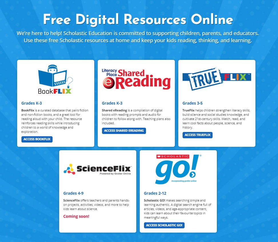 We are committed to supporting children, parents, and educators during #Covid19. Use these FREE Scholastic digital resources at home and keep your kids reading, thinking, and learning. BookFlix, shared eReading, TrueFlix, ScienceFlix, and Scholastic Go! bit.ly/3d9CoE3
