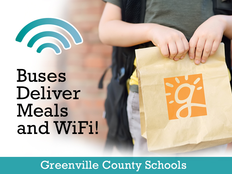 gcschools's tweet image. Beginning Thursday, GCS buses will deliver free meals to 43 sites throughout Greenville County + the existing 15 school sites. The buses at each site will have their WiFi signal turned on, so students with Chromebooks can download materials or do classwork while picking up meals!