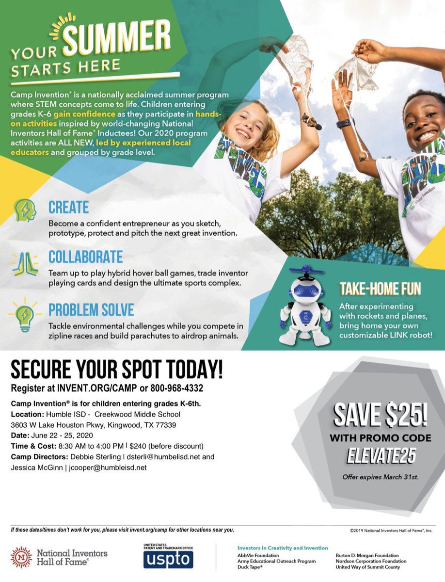 Camp Invention is back in Humble ISD this year June 22-25 at <a href="/HumbleISD_CMS/">Creekwood Middle</a>! Sign up at invent-web.ungerboeck.com/programsearch/… w/ promo code ELEVATE25 by 3/31 to save $25! 😁 

Please share!