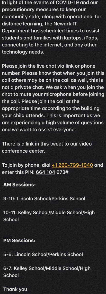 The Newark IT Deptartment has scheduled times to assist students and families with laptops, iPads, connecting to the internet, and any other technology needs. Please read the full announcement below in the photo-
To join the video meeting, click this link: meet.google.com/pju-bpzc-icn