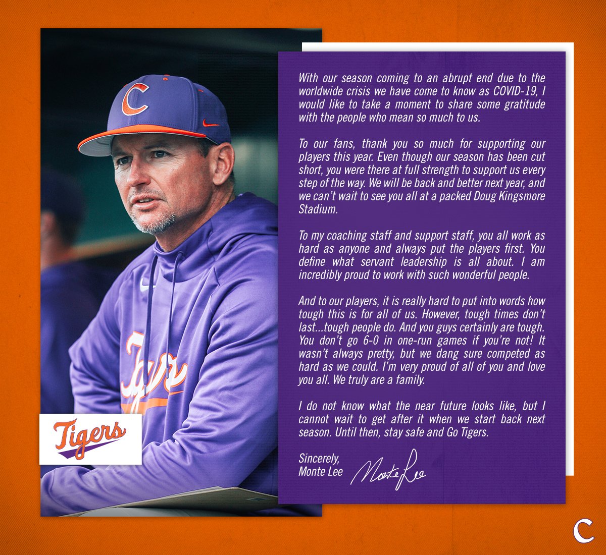 ClemsonBaseball's tweet photo. A message from Head Coach @MonteLeeCU.

#ClemsonFamily 🧡🐾🙏 https://t.co/uIedruxZT8