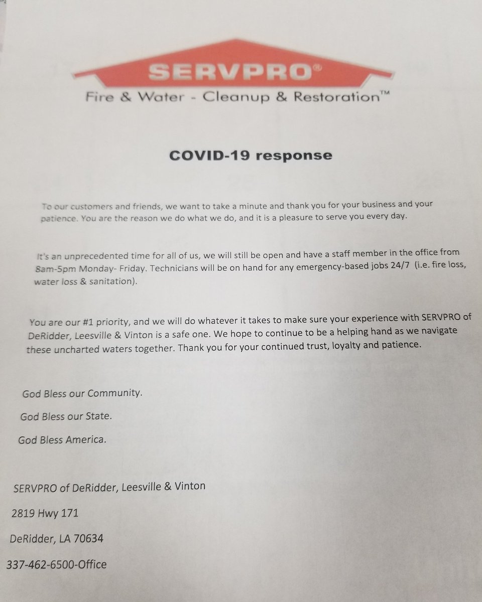 To all of our valued customers, friends and community. #SERVPRODLV #disinfectant #covid_19 #germs #HereToHelp #Sanitation #fireloss #waterloss #Virus #InThsTogether