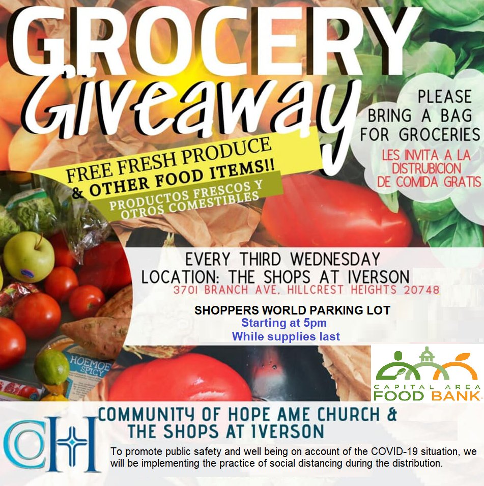shopsativerson's tweet photo. The Capital Area Food Bank, Shops at Iverson, &amp; the Community of Hope AME Church are giving away fresh produce tomorrow @ 5pm while supplies last. Front parking lot of Shoppers World. #shopsativerson #shopiverson #iversonevents #iversonmall #communityevents https://t.co/WCUVs16GNK