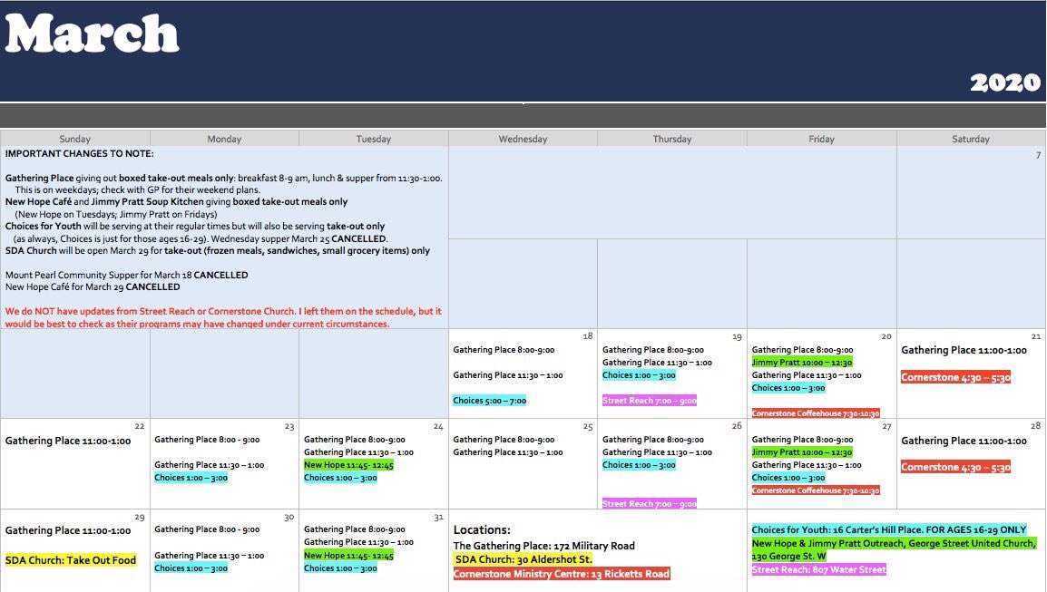 Please see &amp; share an updated version of the March meal calendar for St. John's, with changes and precautions due to COVID-19. 
This calendar reflects changes made since some programs have cancelled or cut back meals. Those going ahead are now take-out only, no eat-in meals!