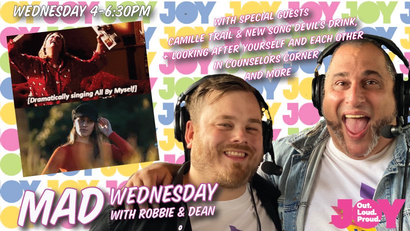 Join Robbie and I this afternoon on <a href="/JOY949/">JOY Media</a> for plenty of laughs, tunes, and hump day shenanigans. Councilors Corner is back as we discuss looking after yourself and each other, plus we speak to <a href="/CamilleTrail/">Camille Trail</a> about her new song Devils Drink.
4-6:30pm