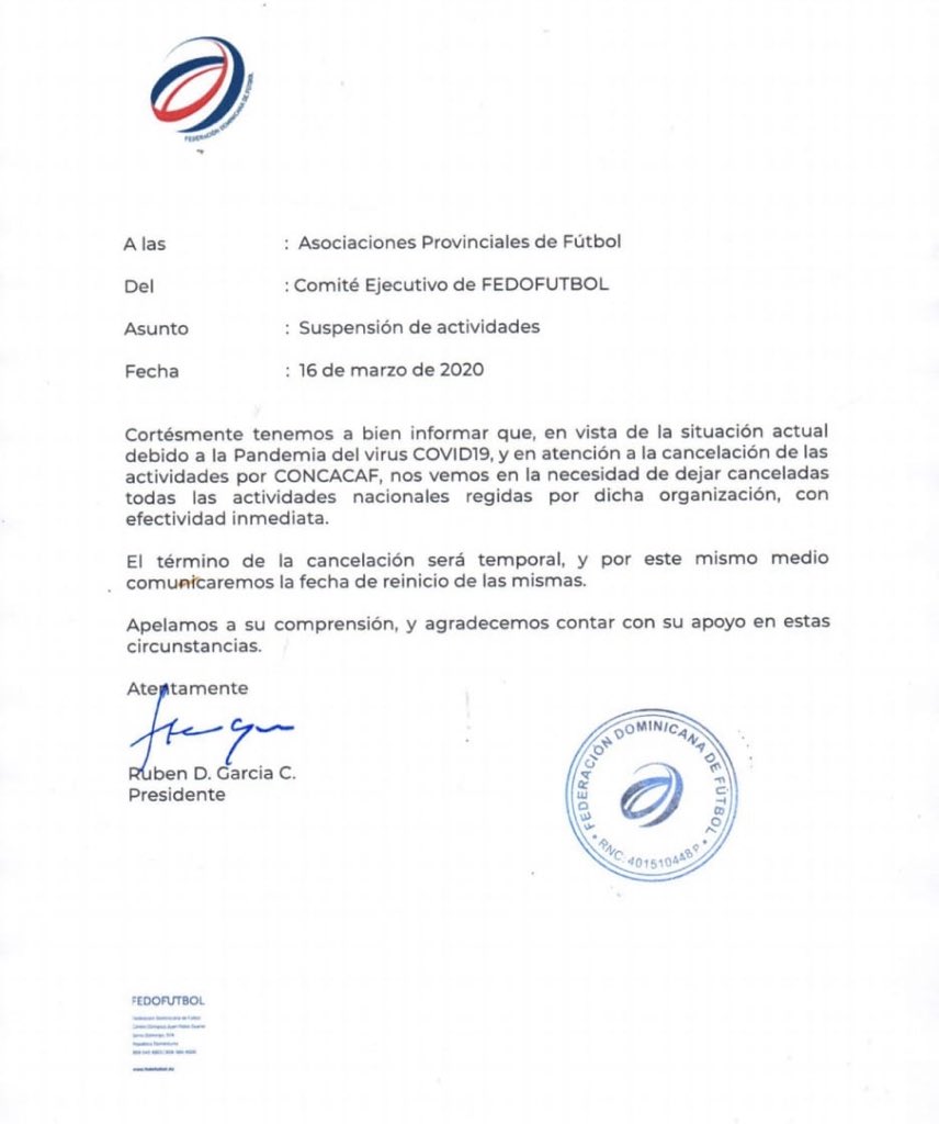 fedofutbol's tweet photo. #Institucional| COMUNICADO OFICIAL 📄

Cancelación temporal de todas las actividades nacionales regidas por FEDOFÚTBOL con efectividad inmediata debido a la Pandemia del virus COVID-19 

#Fedofutbol https://t.co/AMZceZ5G1F