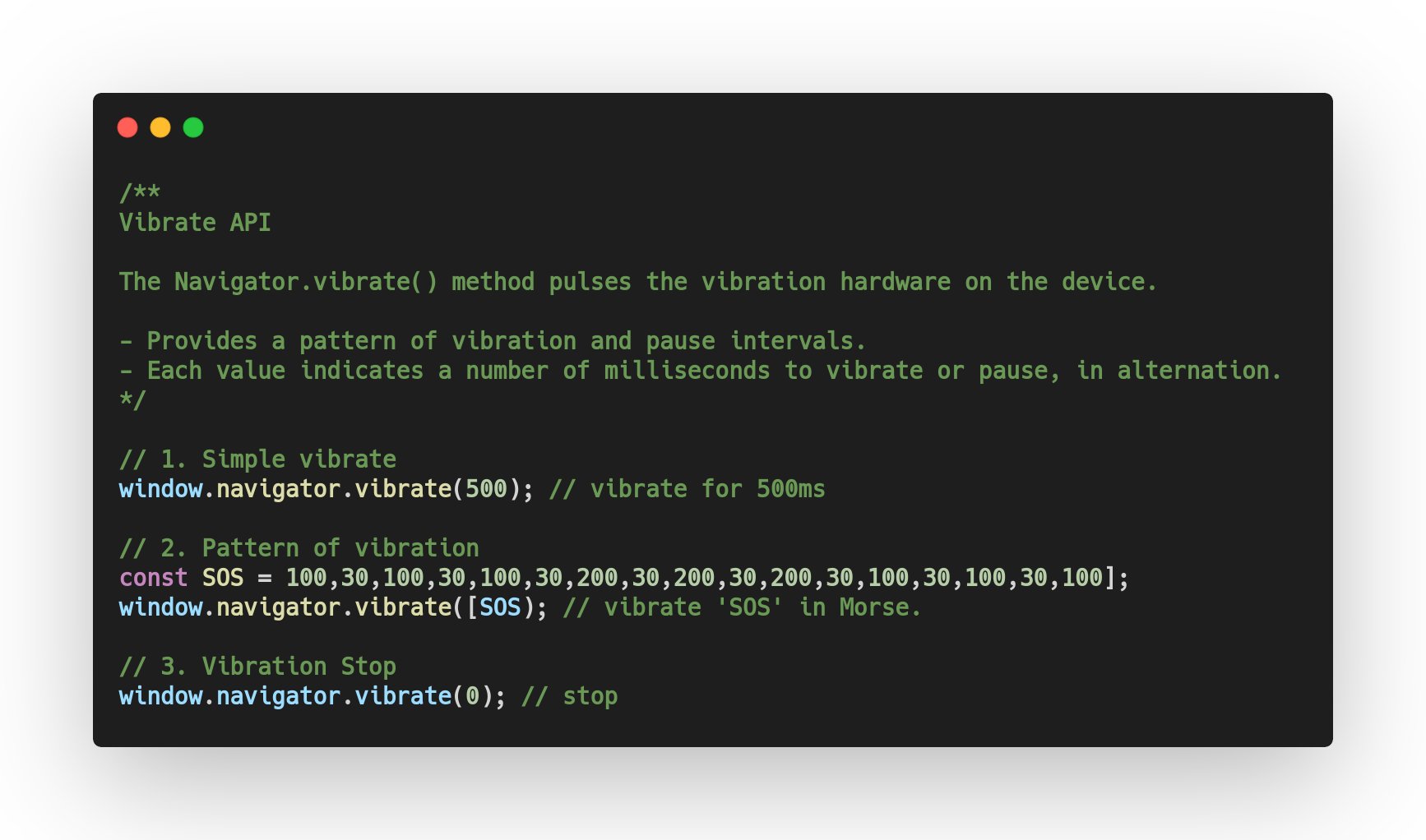 🏳️🌈Carlos Caballero on Twitter: "#javascript 🧙♂️🧙: Vibrate API The Navigator.vibrate() method pulses the vibration hardware on the device - Provides a pattern of vibration and pause intervals. #javascript30 #typescript #angular #vue #react # 🏳️🌈Carlos Caballero on Twitter: "#javascript 🧙♂️🧙: Vibrate API The Navigator.vibrate() method pulses the vibration hardware on the device - Provides a pattern of vibration and pause intervals. #javascript30 #typescript #angular #vue #react #
