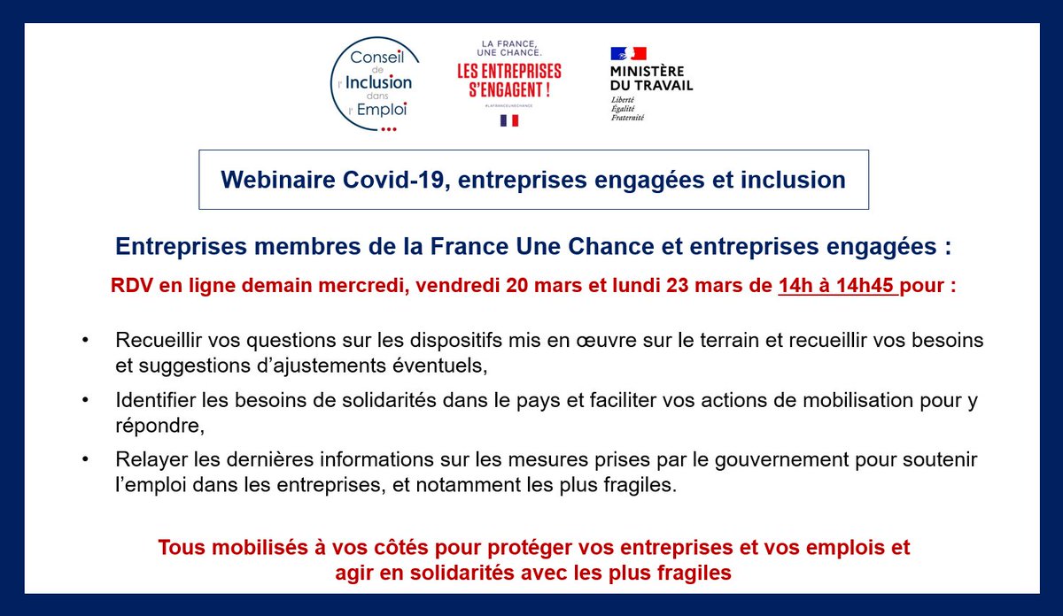 #COVID19 : Entreprises de La France Une Chance et entreprises engagées : RDV en ligne demain 14h pour un webinaire pour faire remonter vos problèmes et partager les mesures
Inscription ici : app.livestorm.co/itou/webinaire…
<a href="/ThibautGuilluy/">Thibaut Guilluy</a> @Minist_Travail <a href="/LaurentKZ/">Laurent Kazmierczak</a> 
#inclusion