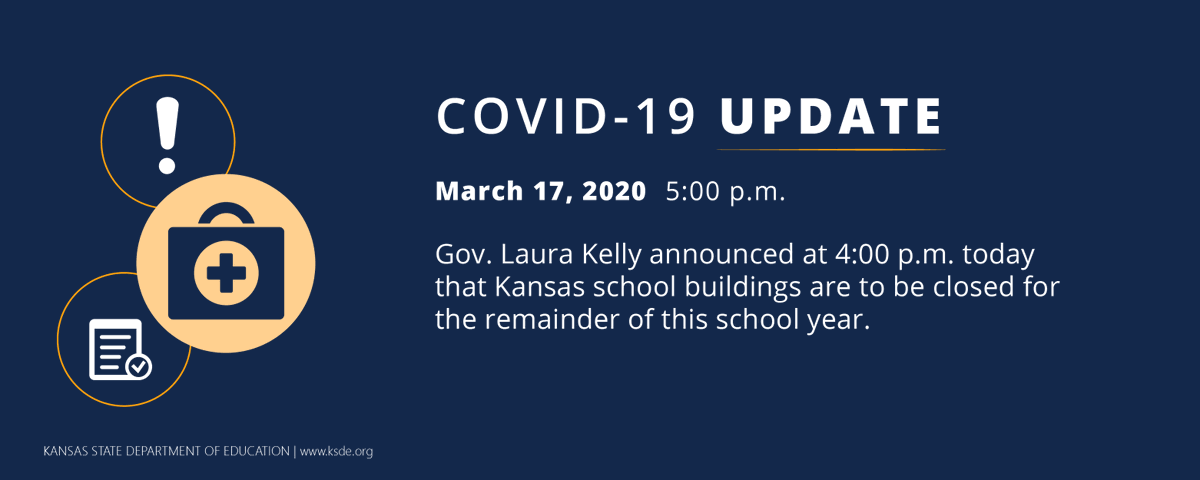 ksdehq's tweet photo. On Tuesday, March 17, Gov. Laura Kelly announced that school buildings across the state must be closed for the duration of this school year for the purpose of general student and staff attendance. However, learning will continue for Kansas students. https://t.co/MbQqPbg6tl #ksed https://t.co/7CcbkTK6o0