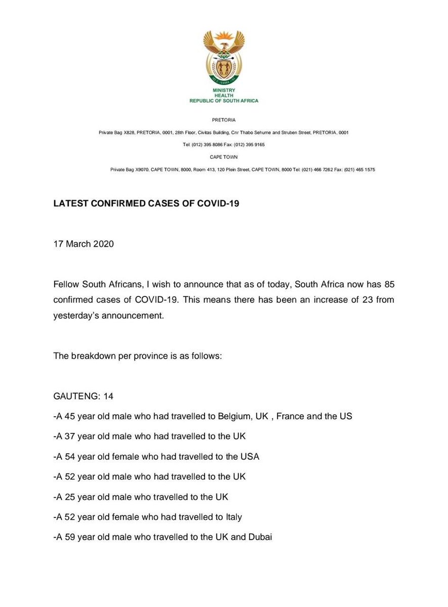 IreneKaindi's tweet photo. #SouthAfrica confirms 85 #Coronavirus cases, up 23 from yesterday. 6 are of local transmission. #Covid19 https://t.co/bGk56q3NwM
