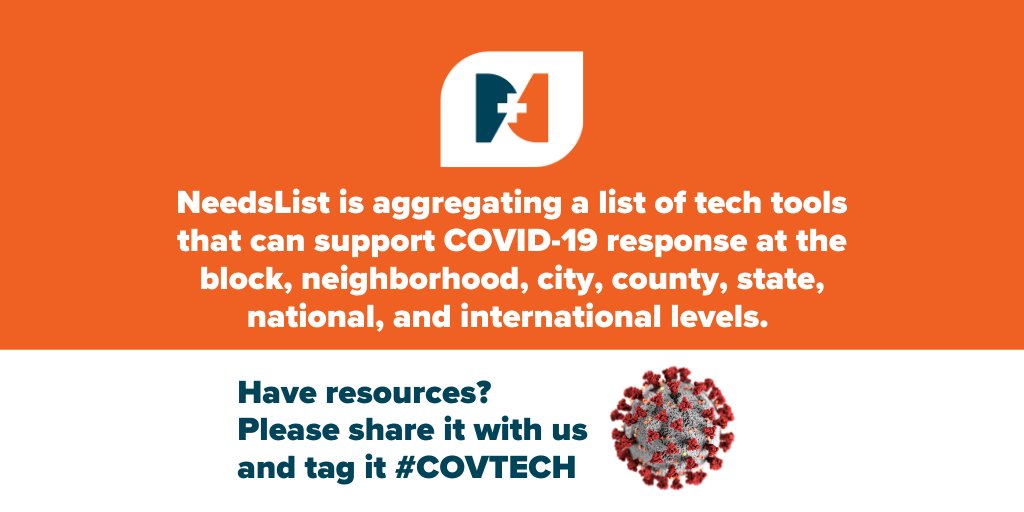 NeedsList4Good's tweet image. NeedsList is aggregating a list of #techtools that can support #COVID19 response at the block, neighborhood, city, county, state, national, and international levels. Have resources? Share it with us &amp;amp; tag it #COVTECH #coronavirus #crisisresponse #disasterrecovery