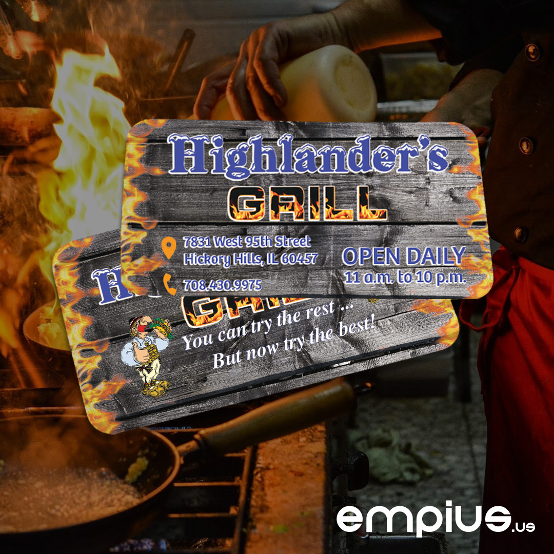 As many restaurants in Illinois (and not only) are required to close during this difficult time, Highlanders Grill is still open for food pickup and delivery. Stop by for a burger or two!

Here's a recent business card project for Highlander's Grill. 
Need cards? Contact us!
