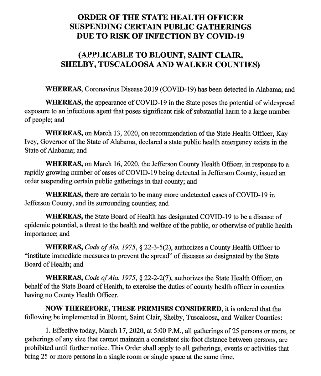 spann's tweet photo. Emergency order today from the Alabama State Health Officer for Blount, St. Clair, Walker, Shelby, and Tuscaloosa counties… this was already in effect for Jefferson County. https://t.co/4uZE4bqjYg