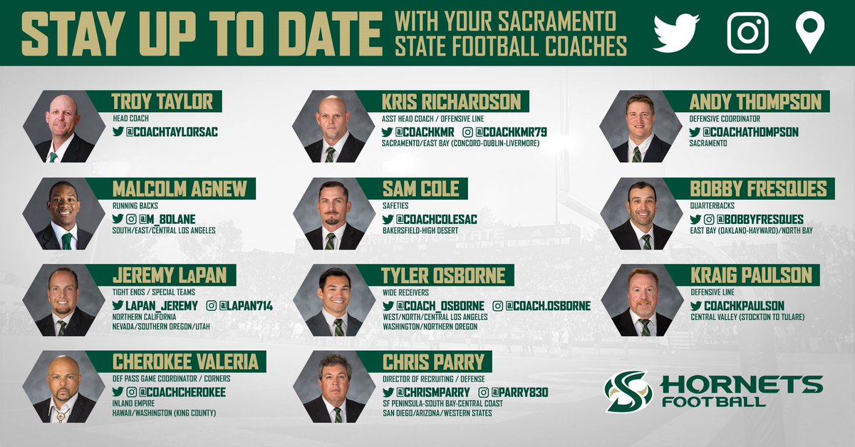 SacHornetsFB's tweet photo. Recruits: Are you stuck at home, wondering what you can do with your extra time?
Reach out and connect with our coaching staff! Take some time today to build a relationship that will last a lifetime! #StingersUp
(Twitter/Instagram Accounts Below) https://t.co/XjWq5tGrpx