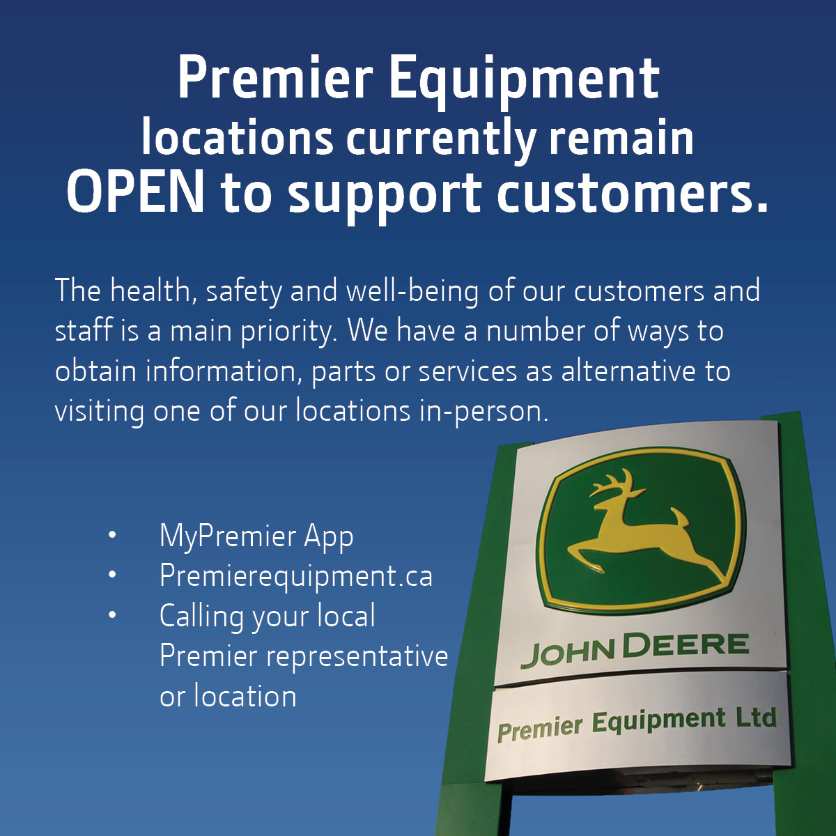 Premier locations currently remain open to support customers preparing for spring and upcoming #plant20. Our collective health is a priority. Please visit the following link for info on our current measures and service offerings with regards to COVID19. premierequipment.ca/about-us/covid…