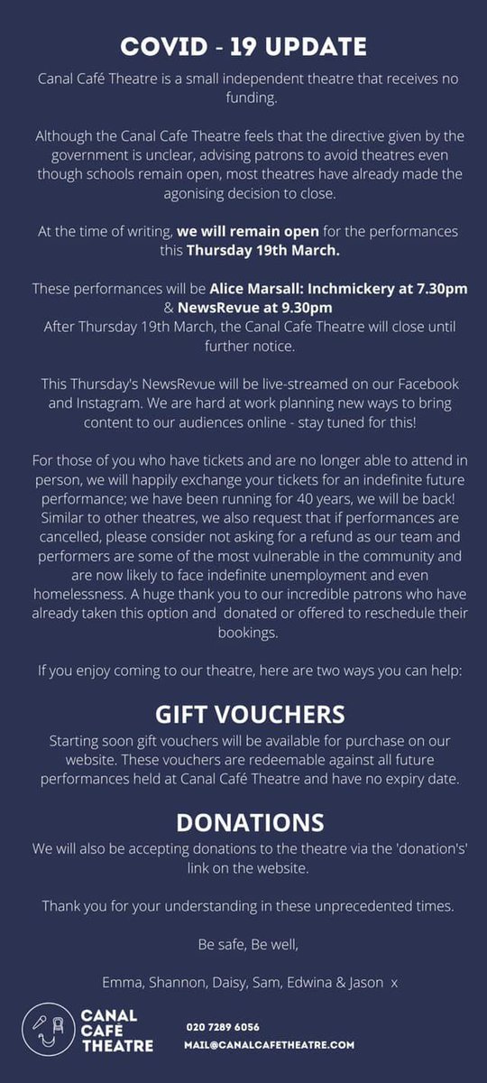 CanalCafe's tweet photo. COVID-19 UPDATE

After Thursday 19th March, the Canal Cafe Theatre will close until further notice. 😢 

#wewillmeetagain https://t.co/3LivXpSTCe