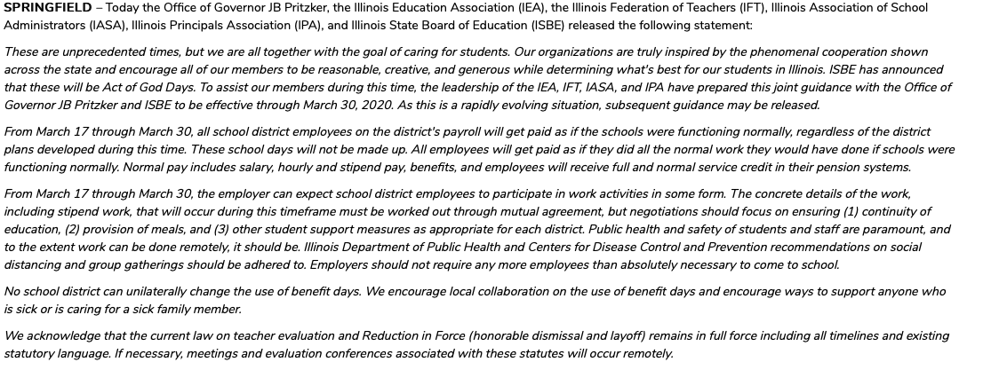 Here is a joint statement from <a href="/GovPritzker/">Governor JB Pritzker</a> <a href="/ieanea/">Illinois Education Association</a> <a href="/iftaft/">IL Federation of Teachers</a> <a href="/IllinoisASA/">IASA</a> <a href="/ilprincipals/">Illinois Principals Association</a> <a href="/ISBEnews/">Illinois State Board of Education</a> 

Glad we could work together and do what's best for kids in our state. #ilschoolsstepup

isbe.net/Lists/News/New…