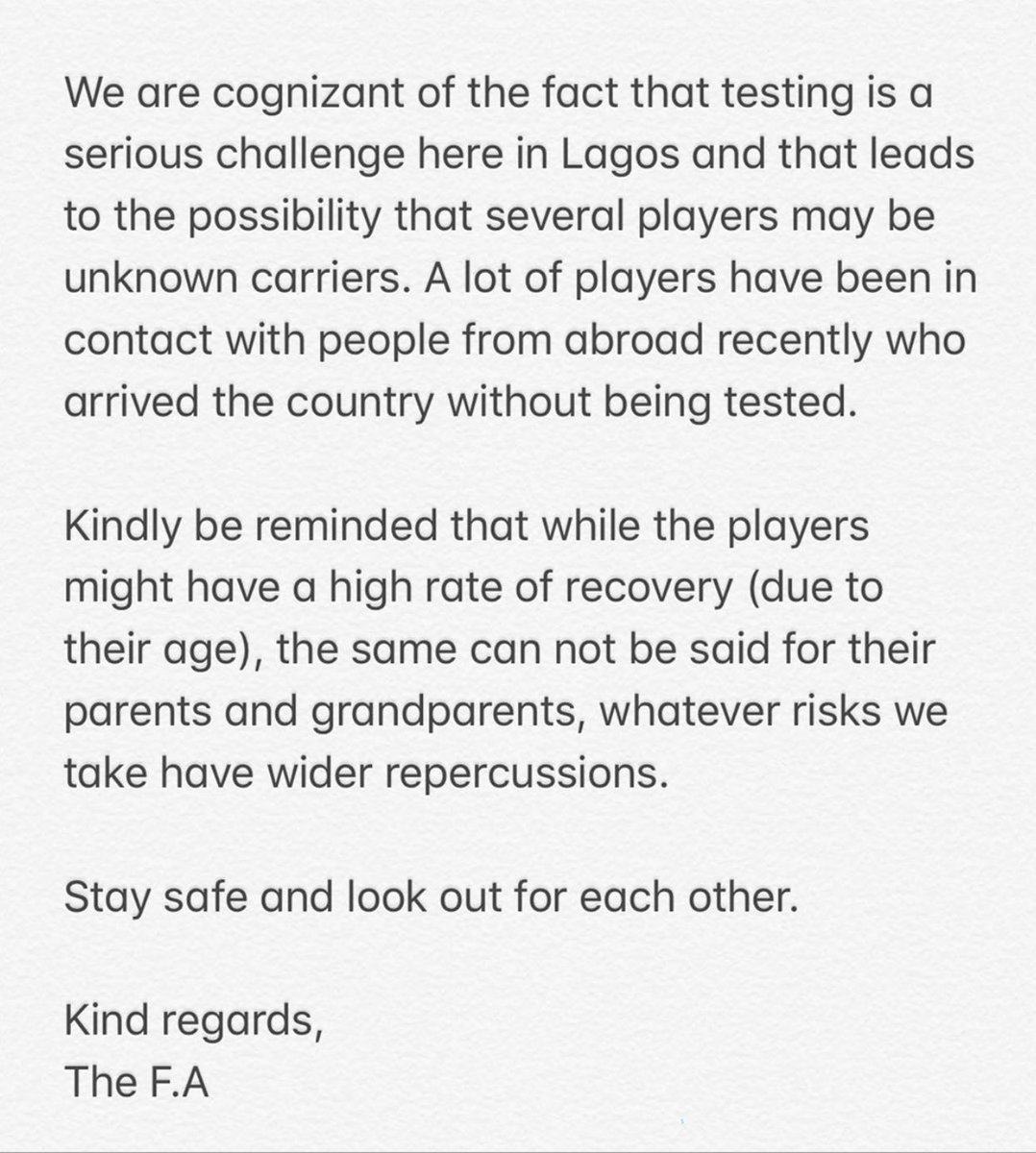 tnflagos's tweet photo. SUSPENSION OF TNF DUE TO COVID-19 OUTBREAK. https://t.co/GwhwDudYMp