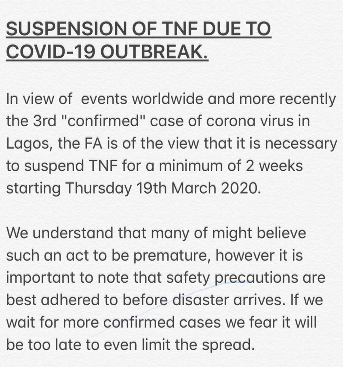 tnflagos's tweet photo. SUSPENSION OF TNF DUE TO COVID-19 OUTBREAK. https://t.co/GwhwDudYMp