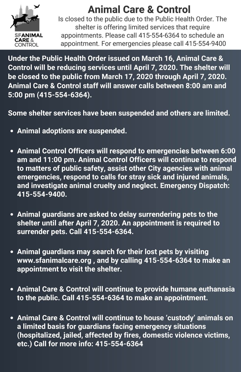 Animal Care &amp; Control is now closed to the public for the next three weeks (through April 7) due to the Public Health Order. We will offer limited services by appointment. Please stay safe and well.