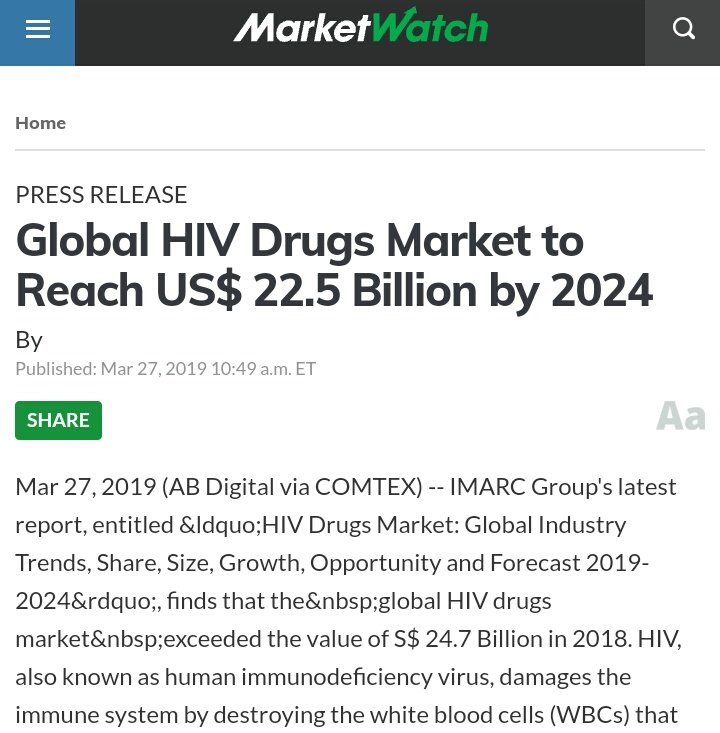 9/ Also interesting. HIV rates have been rapidly dropping & sales of HIV drugs have been dropping too. HIV drug market was $24.7 billion in 2018 & is expected to drop to $22.5 bill by 2024. Now HIV drugs are used for  #Coronavirus treatment. Coincidence or pre-planned strategy?