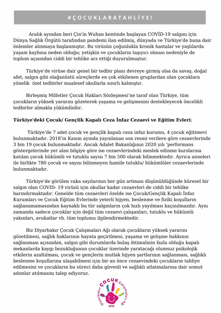 Bu kampanyayı da destekleyelim

#ÇocuklaraTahliye

Çocuk/Gençlik Kapalı İnfaz Kurumlarında yeterli hijyen ve beslenme koşullarının olmamasından kaynaklı #COVID19 gibi salgın hastalklarn yayılması kaçınlmazdır. 
#ÇocuklaraTahliye