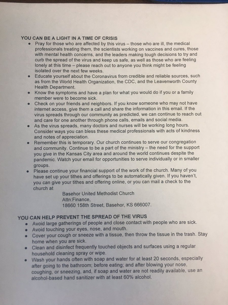 basehorUMC's tweet photo. Our COVID 19 update as of 3/17/2020 #staysafe #WashYourHands #coronavirus # https://t.co/0LsCPRWBX8