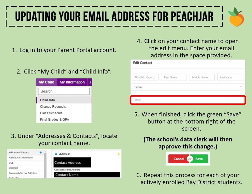 BDS Superintendent (@bds_supt) on Twitter photo Parents, please make sure you have a working email address on file in Parent Portal. PeachJar is a great, free, way for us to email the entire district at the same time. If you have questions, or need help, you can call your child's school on Monday. <a href="/BayDistSchools/">Bay District Schools</a> Parents, please make sure you have a working email address on file in Parent Portal. PeachJar is a great, free, way for us to email the entire district at the same time. If you have questions, or need help, you can call your child's school on Monday. <a href="/BayDistSchools/">Bay District Schools</a>
