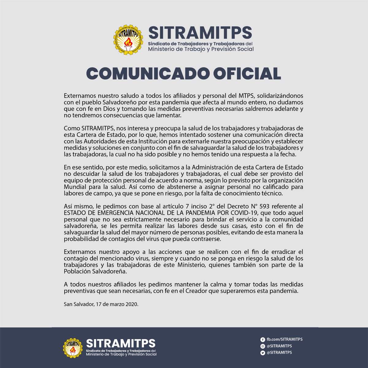 SITRAMITPS's tweet photo. Ante la situación dada en estos últimos días por la pandemia del Coranavirus que está afectando a nivel mundial SITRAMITPS externa lo siguiente: https://t.co/dejiaWByhC