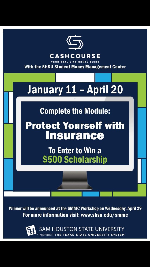 SHSU_SMM's tweet photo. FREE.
FREE.
FREE money.
You still have a little over a month to complete the Cash Course module for your chance at a $500 scholarship! #SHSU #SMMC #CashCourse https://t.co/fME9JtHF5n