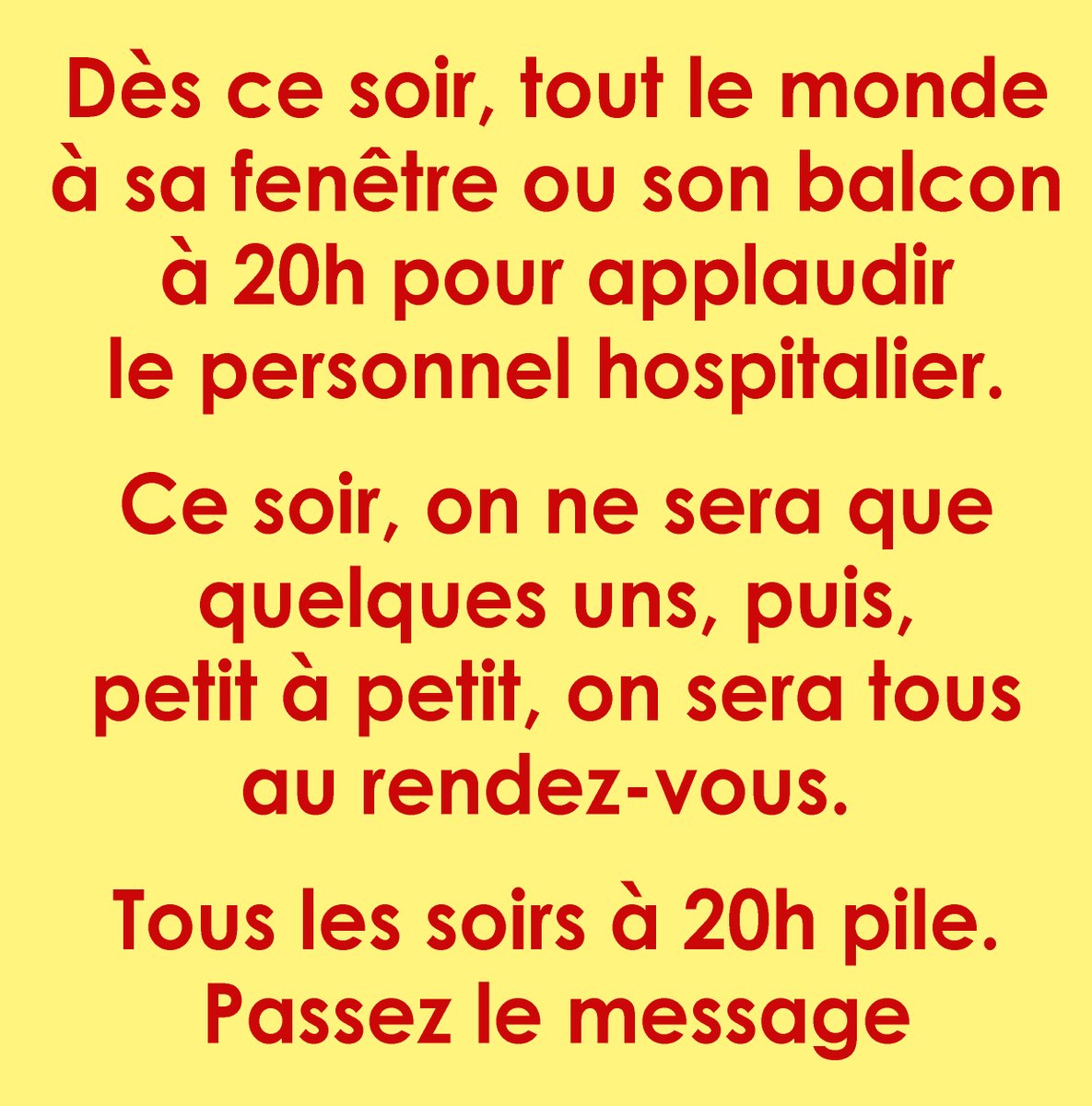 MAEGHTYoyo's tweet photo. Ce soir, tout le monde à sa fenêtre à 20h pour applaudir le personnel hospitalier.

Ce soir on ne sera que quelques uns, puis, petit à petit, on sera tous au rendez-vous. 
Passez le message

#confinement #hopitaux #infirmiere #devouement #sante #courage #covid #coronavirus https://t.co/vAvPgnrAB4