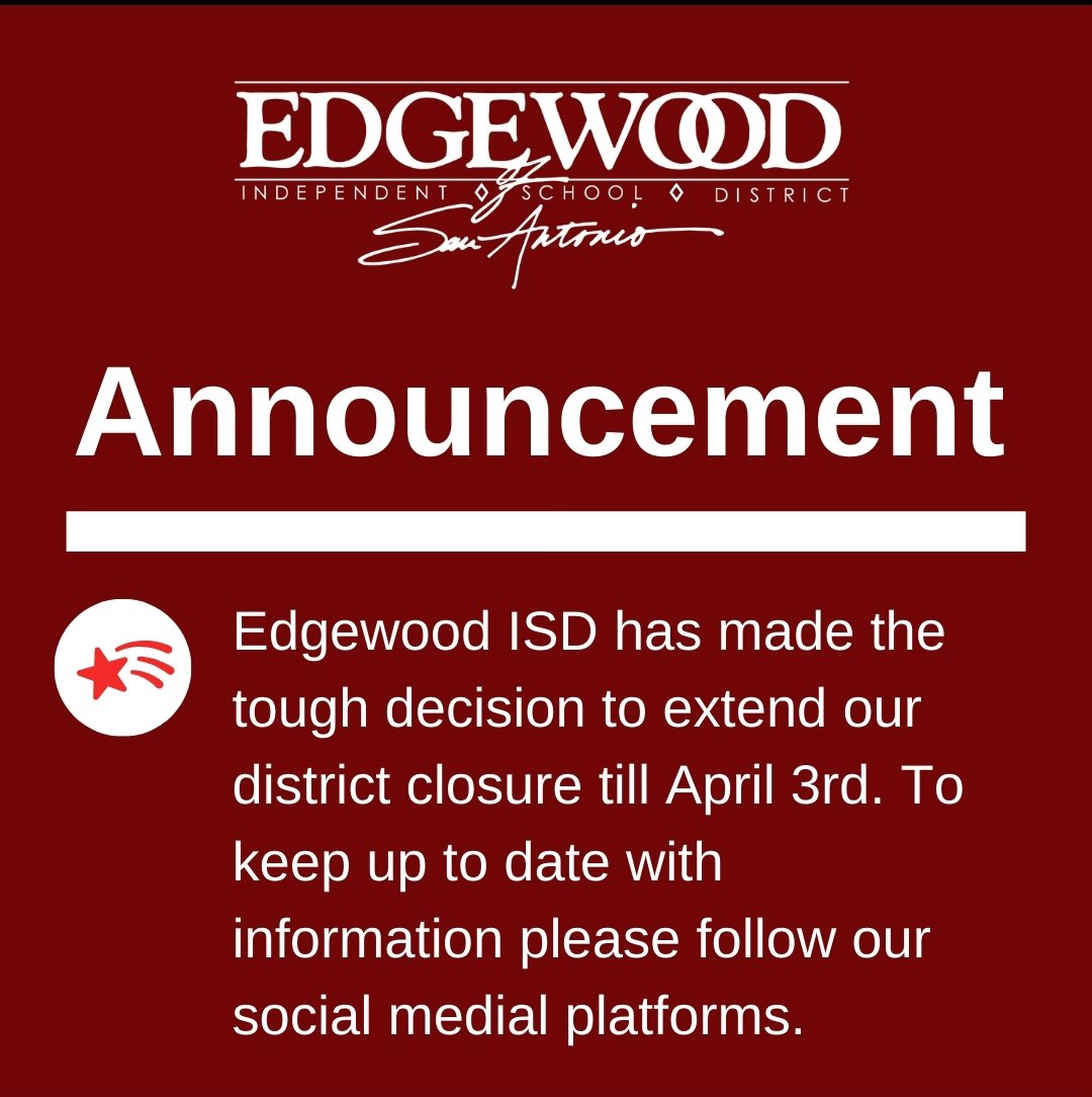 For the health &amp; safety of our community, Edgewood ISD will close until April 03. Our priority is to make sure we take care of our students &amp; staff as we deal with this unprecedented crisis. Follow us/me on social media for more information!
#DrH_OnTheEdge
<a href="/EISDofSA/">Edgewood ISD</a>
@WeGoPublic