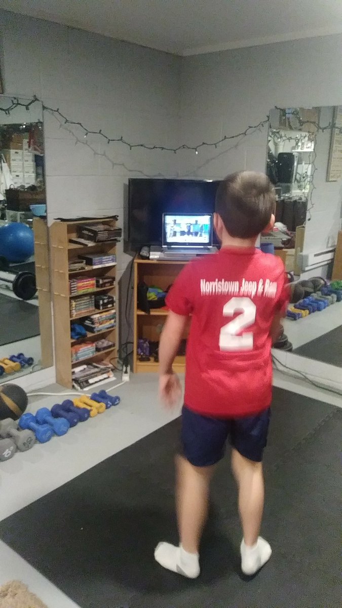 My son enjoying a fun 2nd grade PE workout from @drodgerscbhpe.  <a href="/CBSDhpe/">Central Bucks Health & PE</a> #cbdlp