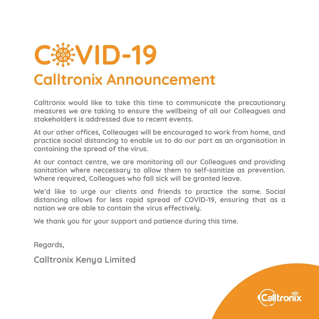 calltronix's tweet photo. We’d like to communicate with you some tips and our approach in aiding the containment of COVID-19. Thank you for your support and patience during this time, we hope you will help us practice social distancing. #Covid19 #SocialDistancing #CalltronixCared  #CalltronixKenya https://t.co/DFfOfDVqol
