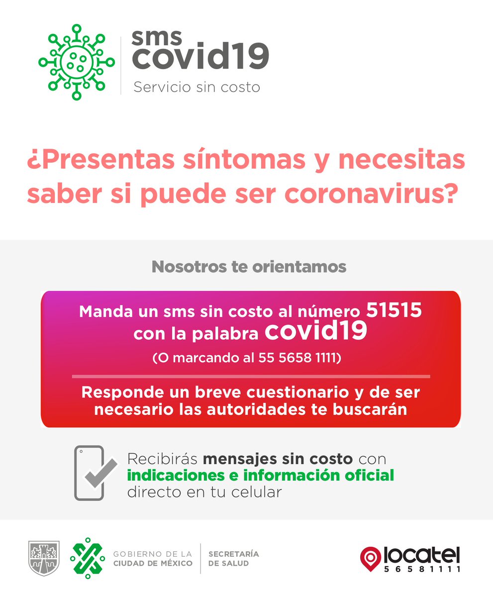 ¿Sospechas que has adquirido el #Covid19?

🤳 Manda un SMS al 51515 con la palabra "covid19" y resuelve tus dudas. ¡Este servicio es gratuito!