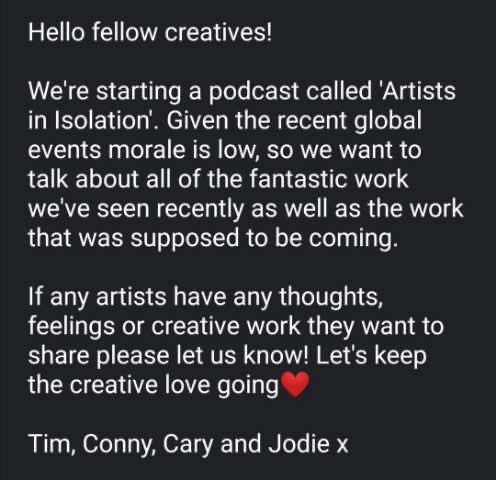caryryan_'s tweet photo. In light of recent event, we’re starting a podcast! Please read below!

Feel free to DM me or reply to this tweet, let’s keep those creative juices flowing! #letskeepcreative #weseeyou https://t.co/3mhWO8weXp