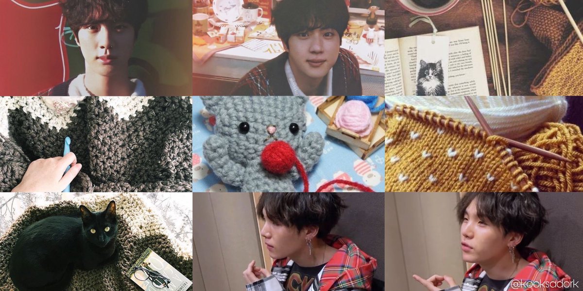 『 love strings 』 —  #yoonjin au— crocheter Jinnie co-works at his sister’s design and crochet shophe’s no hopeless romantic, but he can’t help but smile at the little man who comes in the shop daily to look at his cat crochet collection