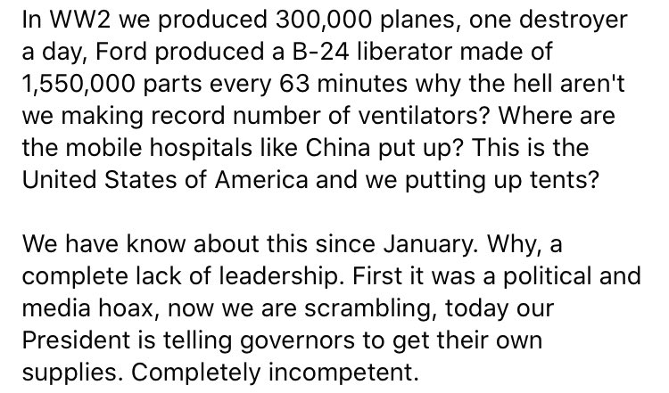 InterruptedSue's tweet image. #CoronavirusOutbreak #CoronaVirusUpdates #Ventilators #masks @POTUS @GOP 

My husband posted this earlier.  Why aren’t we mobilizing and getting shit done??  During WW2 we mobilized and got shit done. Let’s do this.