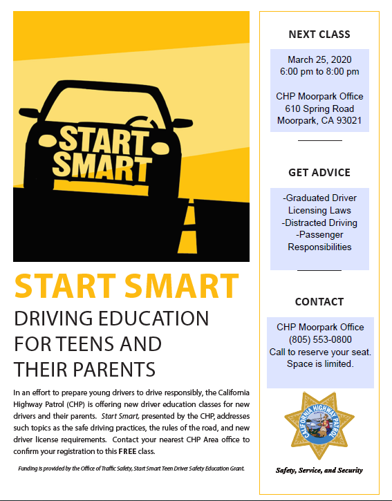 CHPMoorpark's tweet photo. Due to current restrictions associated with COVID-19, our Start Smart class scheduled for March 25th has been postponed. We will reschedule it ASAP. Sorry for the inconvenience. @CHP_Ventura @CountyVentura @toaksvcso @SimiValleyPD #SmartStart #teendriving #safeparents https://t.co/EYJb4O2bao
