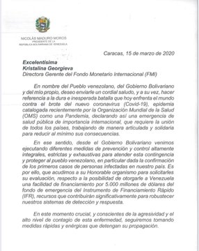 TVVnoticias's tweet photo. #17Mar Nicolás Maduro ha solicitado formalmente al Fondo Monetario Internacional un financiamiento por 5 mil millones de dólares "para fortalecer las capacidades de respuesta del sistema de salud" para contener la propagación del COVID-19. #TVVNoticias #TVV https://t.co/7TNTkZKKfP