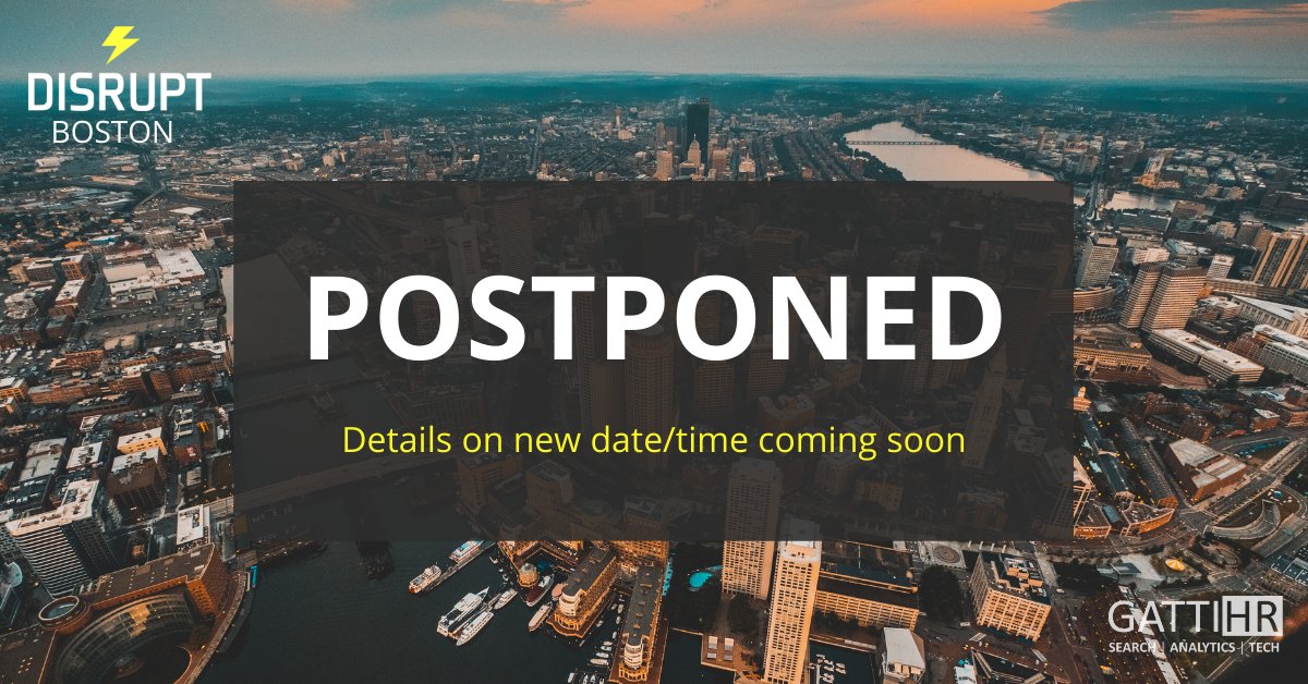 Given the spread of COVID-19, we’ve decided to postpone our DisruptHR Boston event that was scheduled for Wednesday, May 6th. We are working with our venue to find a new date/time this Fall and will let you know once those details are finalized. #disrupthr #disrupthrboston