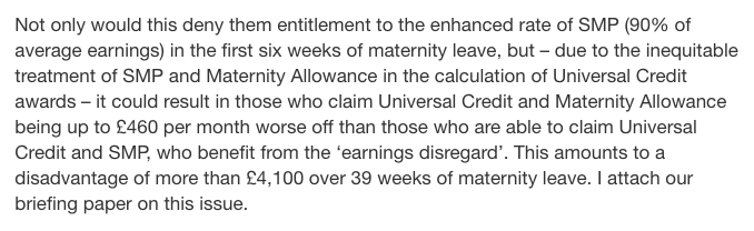 And those who fail to qualify for #SMP and end up on #MaternityAllowance instead could then lose out again should they apply for #UniversalCredit, as - unlike SMP - Maternity Allowance is deducted pound for pound. 3/n

See: maternityaction.org.uk/2020/03/univer…

#COVID19