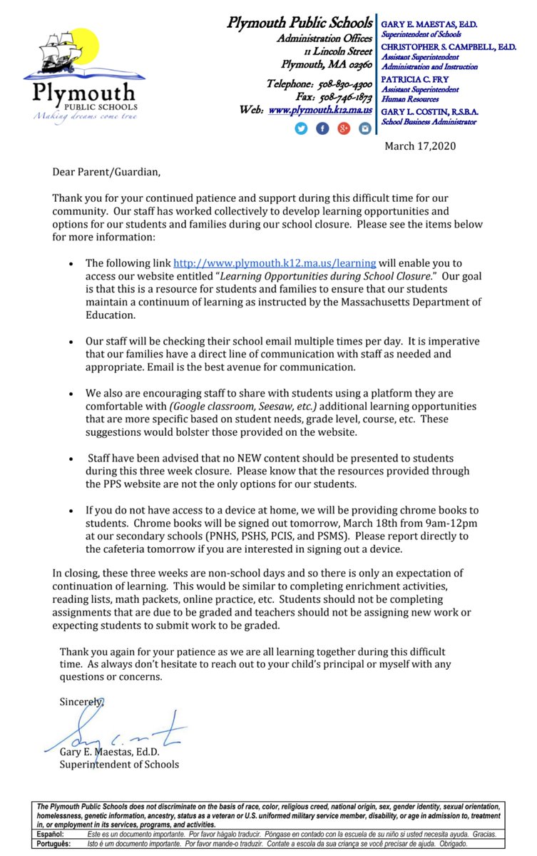 Our Learning Opportunities page is now live on our website. A very special thank you to our academic coordinators, directors, and administration for all their hard work. Please review Dr. Maestas' letter attached to this post and visit our page at plymouth.k12.ma.us/learning.