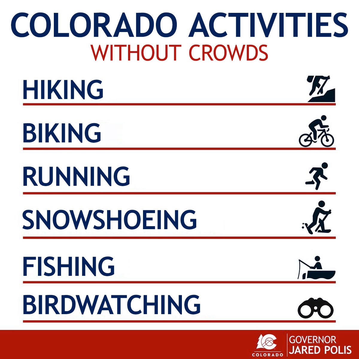 Looking for things to do that don’t involve being around large groups of people? Luckily, we live in the best state in the country with great weather year-round. Here are a few suggestions if you’re looking to get outside, but still keep our communities safe. #DoingMyPartCO