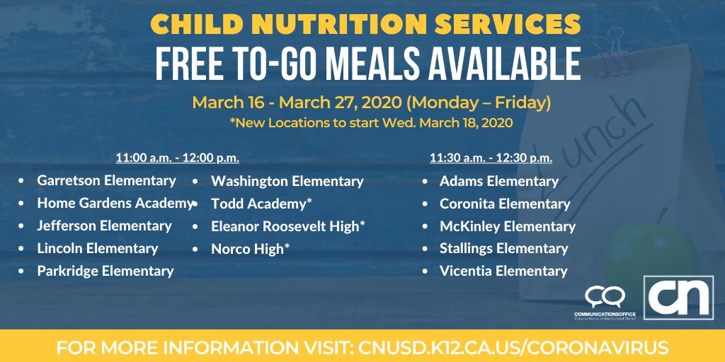 🍎New locations added to our Free To-Go Meal Program. Starting tomorrow, Wed., Mar. 18. We will be serving all the sites listed below.

All students under the age of 18 (regardless of enrollment in free/reduced lunch program) can receive a free lunch. bit.ly/2U8pzRu