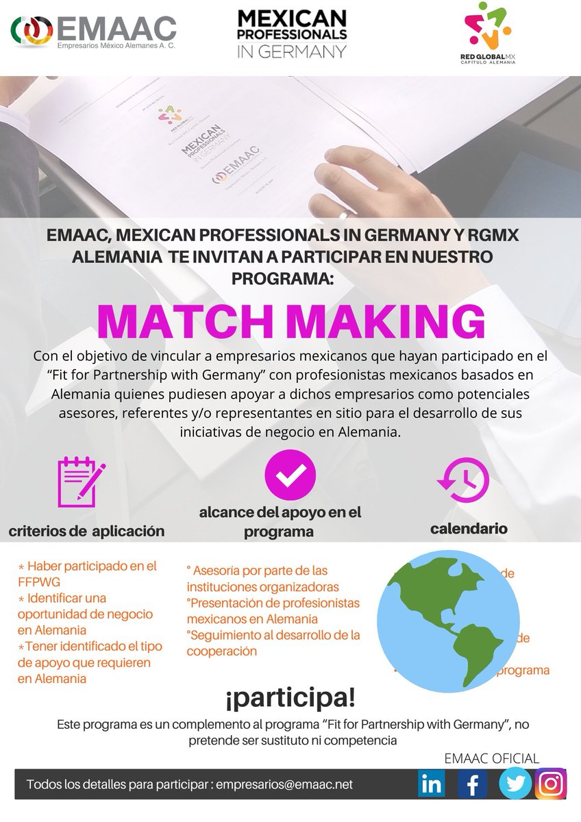 Emaac_oficial's tweet image. Gracias a todos los empresarios que participaron en la convocatoria del programa #matchmaking 🇲🇽🇩🇪

En breve nos pondremos en contacto para los participantes para dar a conocer a los ganadores

¡Enhorabuena! 🥳

estamos para apoyarlos con la internacionalización de sus empresas🗺️