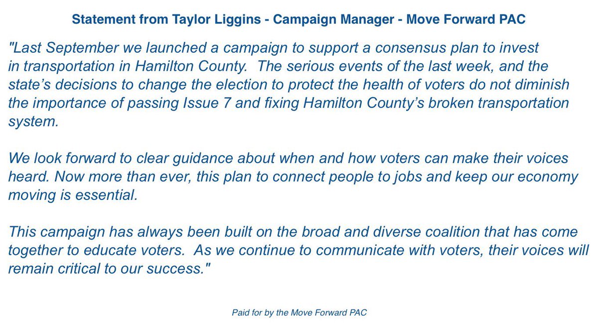 The campaign released the following statement this afternoon on the delayed election.